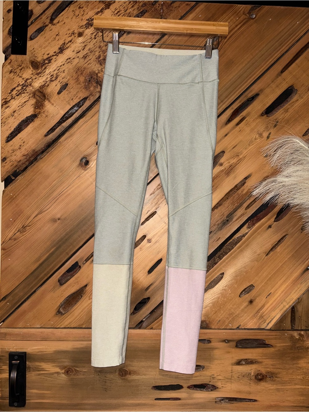 Outdoor Voices Beige Leggings with Pink and Cream Block Hem